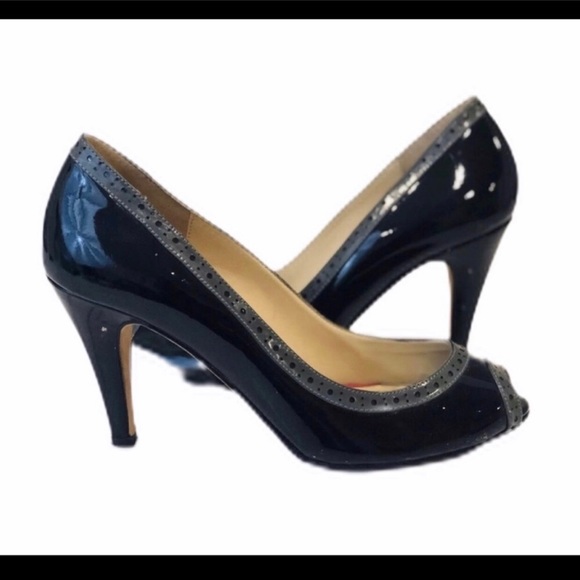 Johnston & Murphy Black Patent Leather Heel Pumps Shoes Gray 8 Work Peep Toe - Picture 1 of 6